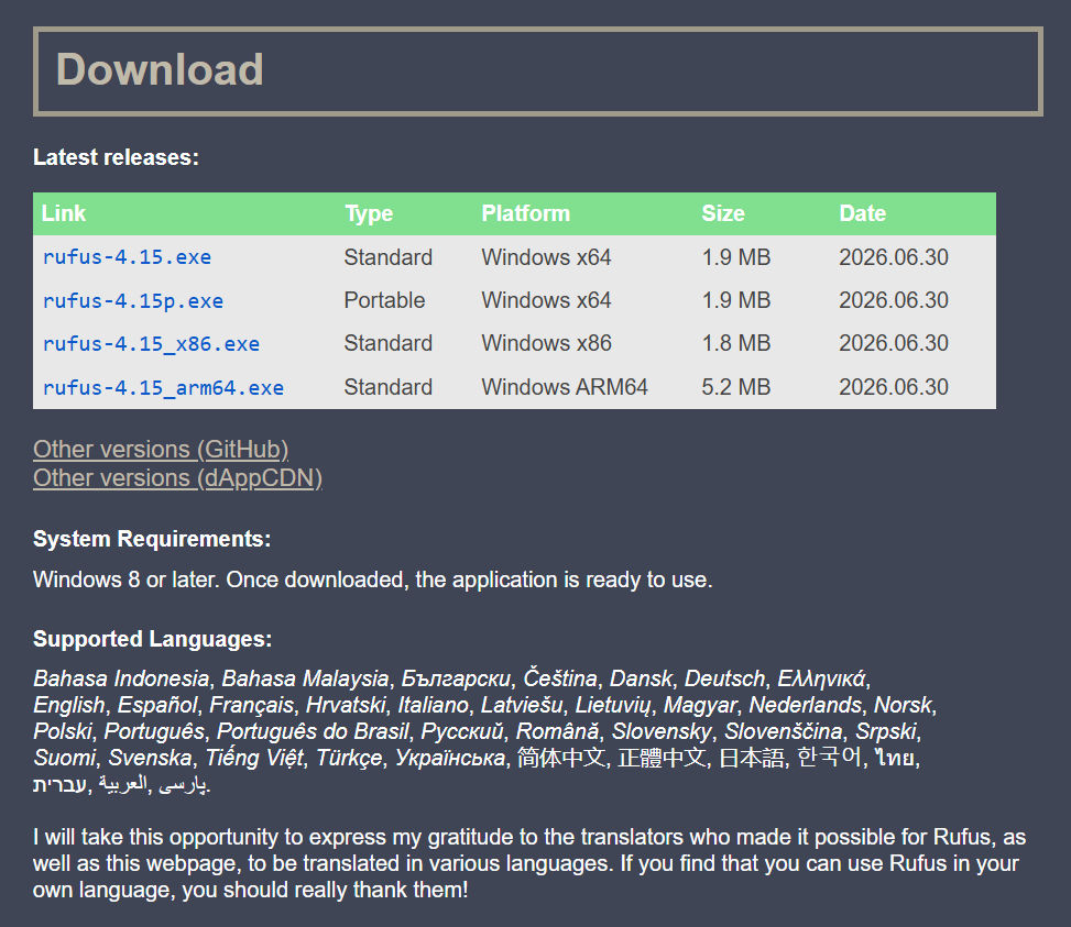 Rufus download page